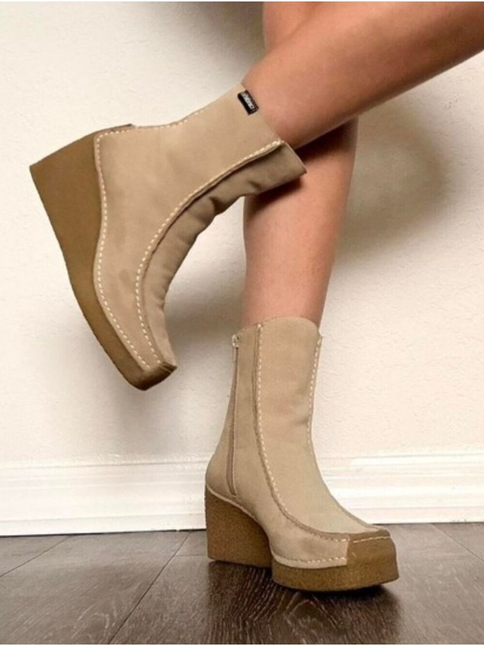 Candies Y2K Cream Suede Wedge Platform Mid-Calf Boots, Size 7M